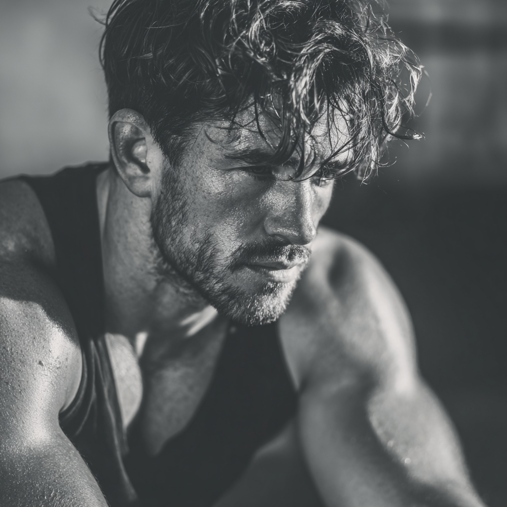 strong confident man in gym workout pose showing determination and power